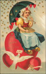 My Love to You Dutch Girl Valentine with Umbrella & Dove Postcard