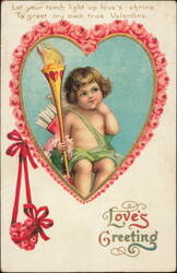 Valentine Cupid with Torch in Rose Heart Frame Postcard