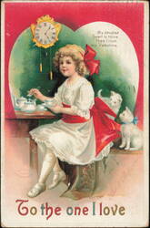 Ellen Clapsaddle Valentine Girl with Tea Set and Cats Postcard