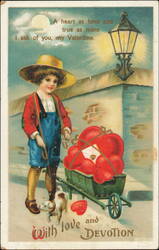 Ellen Clapsaddle Valentine Boy with Wheelbarrow of Hearts Postcard