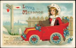 Ellen Clapsaddle Valentine Girl in Red Car Love's Message Postcard