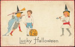 Lucky Halloween Children in Costumes Jack-o'-Lantern Postcard