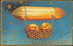 Halloween Pumpkins in Airship Dirigible Ellen Clapsaddle Postcard
