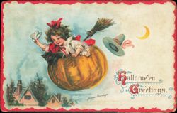 Frances Brundage Halloween Girl Flying in Pumpkin with Cat Postcard