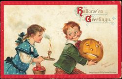 Hallowe'en Greetings, Boy with Pumpkin, Frances Brundage Postcard