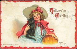 Frances Brundage Halloween Greetings Girl Black Cat Pumpkin Postcard