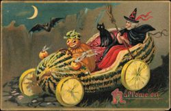 Halloween Witch & Pumpkin Driving Watermelon Car Tuck 150 Postcard