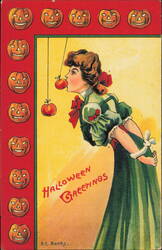 Halloween Greetings, Girl Biting Apple, E.C. Banks Postcard