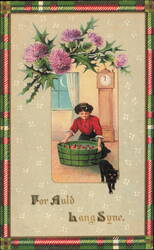 For Auld Lang Syne, Scottish Thistle, Clock, Black Cat Postcard