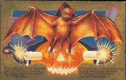 Halloween Bat, Jack-o'-Lantern & Candle Fortune Rhyme Postcard