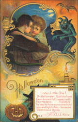 Embossed Halloween Embracing Couple, Green Goblin & Witch Postcard