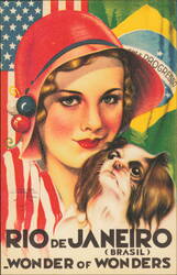 Rio de Janeiro Tourism, Art Deco Woman with Dog & Flags Postcard