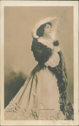Julia Neilson in Period Gown, Fur Stole & Bonnet Postcard