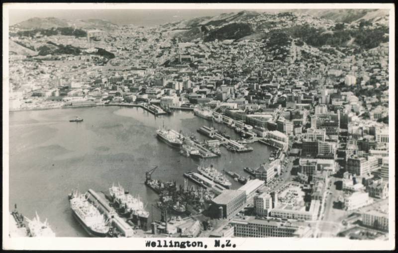 Aerial View of Harbor, Ships and City Wellington New Zealand