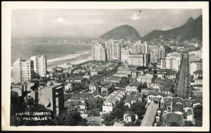 Aerial View of Copacabana Beach and Mountains Rio de Janeiro Brazil