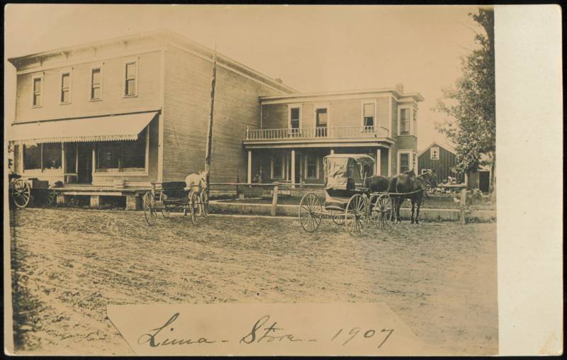 Lima Store with Horse-Drawn Carriages, 1907 Iowa