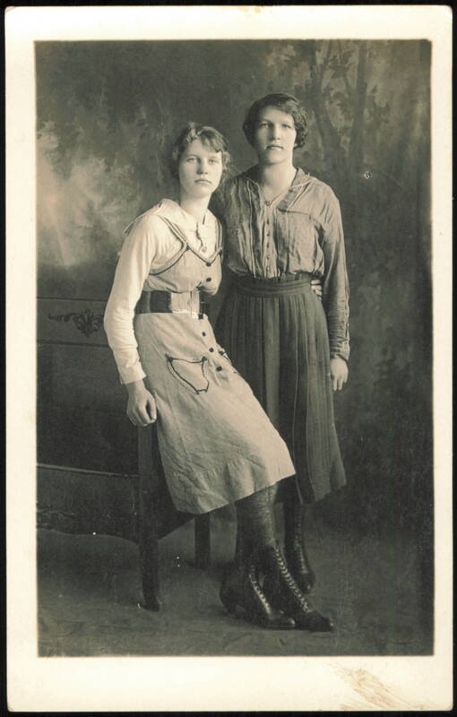 Two Young Women in 1910s 1920s Attire Studio Portrait