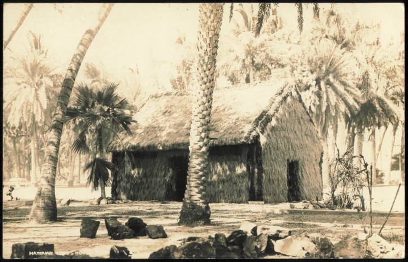 1936 Hawaiian Grass House Surrounded by Palm Trees