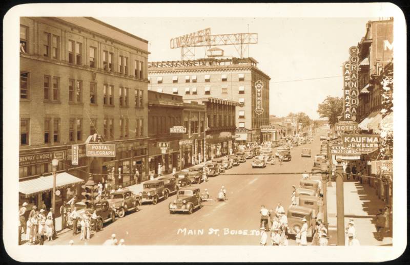 Main Street with Owyhee Hotel and Granada Theatre Boise Idaho