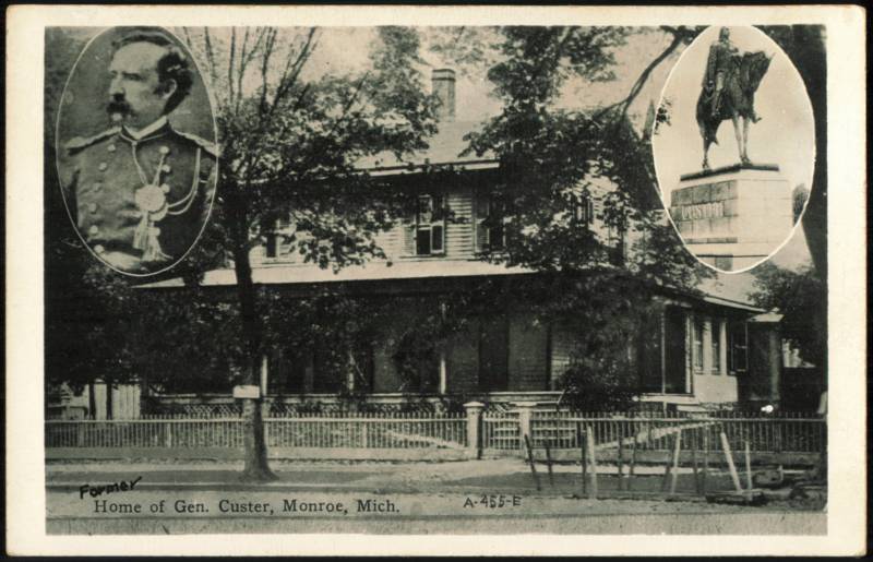 Home of Gen. Custer with Portrait and Statue Insets Monroe Michigan