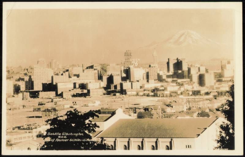 City Skyline and Mount Rainier 60 Miles Distant Seattle Washington