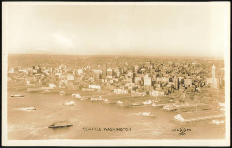 Aerial Waterfront Skyline View with Smith Tower Seattle Washington