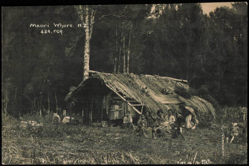 Maori Whare with Family and Dog New Zealand F.G.R.