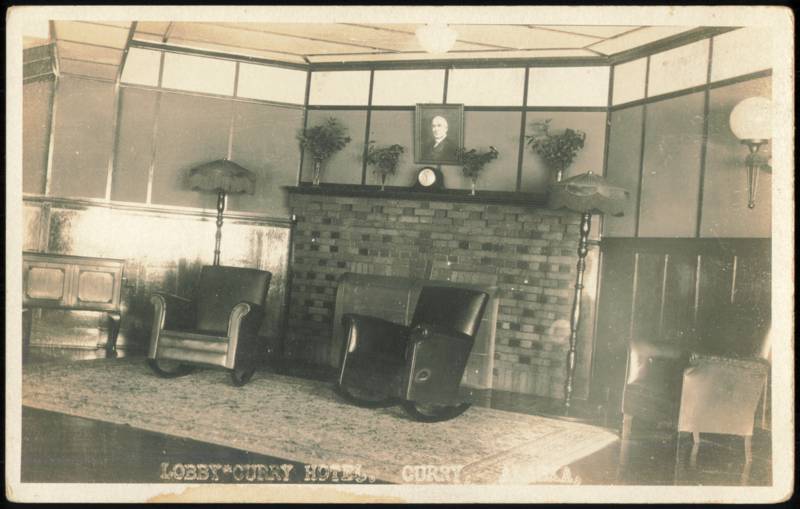Lobby Interior of Curry Hotel with Brick Fireplace Alaska