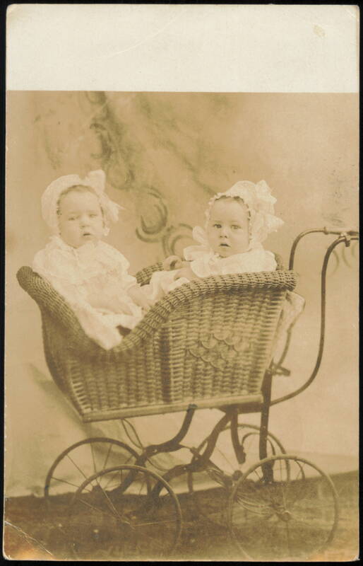 Twin Babies in Ornate Wicker Pram Baby Carriage