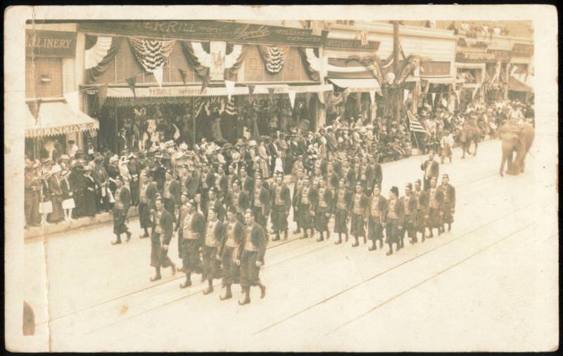 Shriners Parade with Elephant, Terrill Importers, South Broadway Los Angeles California