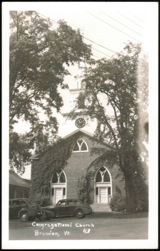 Congregational Church with Clock Tower and Cars Brandon Vermont