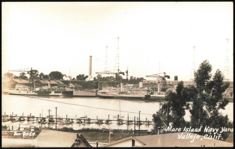 Mare Island Navy Yard with Naval Ships & Cranes Vallejo California