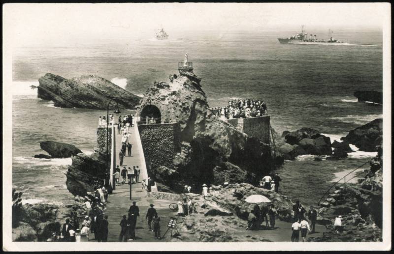 Le Rocher de la Vierge with Crowd & Naval Warships Biarritz France