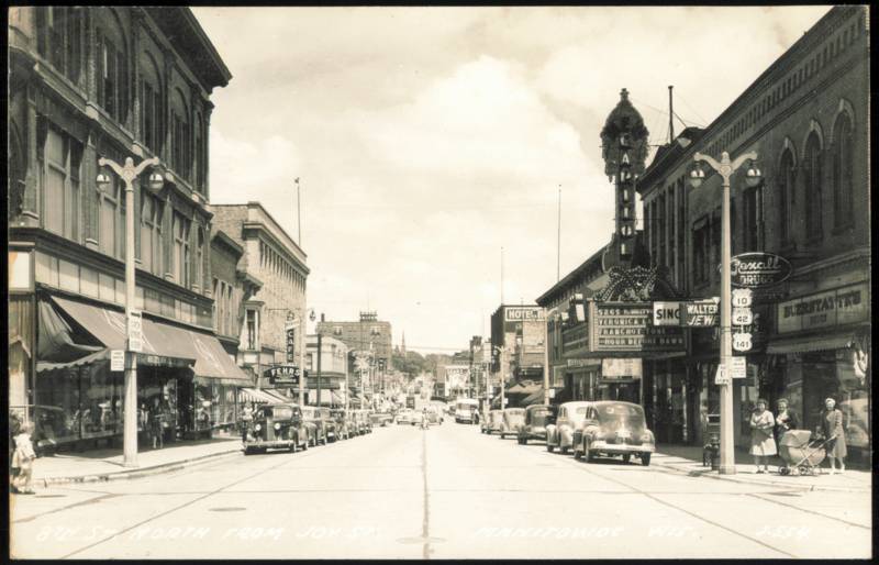 8th Street North from Jay Street with Capitol Theatre Manitowoc Wisconsin