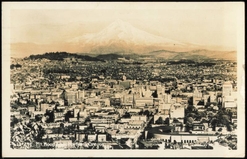 Mount Hood Rising Over Downtown City Skyline Portland Oregon