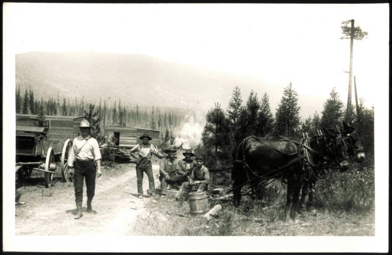 Men with Horses and Wagons in Forest Clearing Logging