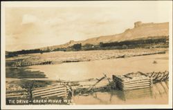 Railroad Tie Drive on Green River with Train and Cliffs Postcard