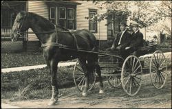 Two Men in Horse-Drawn Carriage Buggy in Front of House Postcard