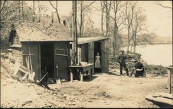 Two Men and a Girl at a Rustic Camp, Gold Panning Postcard