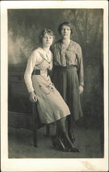 Two Young Women in 1910s 1920s Attire Studio Portrait Postcard