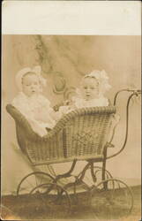 Twin Babies in Ornate Wicker Pram Baby Carriage Postcard