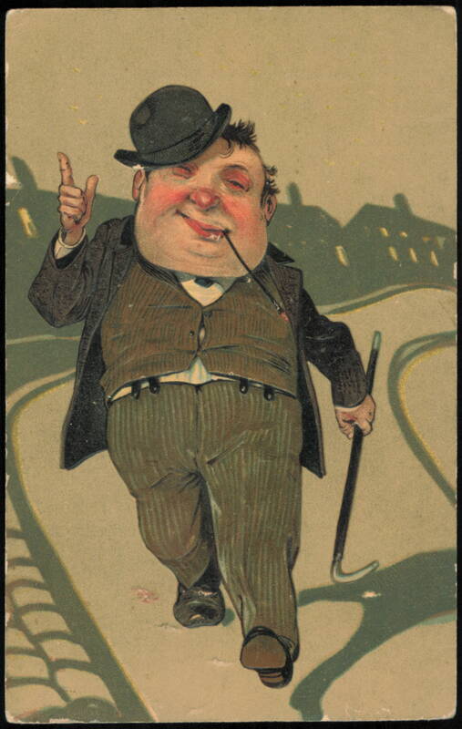 Caricature of Portly Man with Bowler Hat, Pipe and Cane