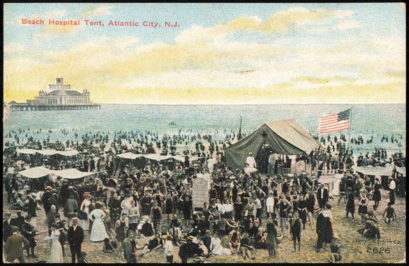 Beach Hospital Tent and Crowded Shore Atlantic City New Jersey