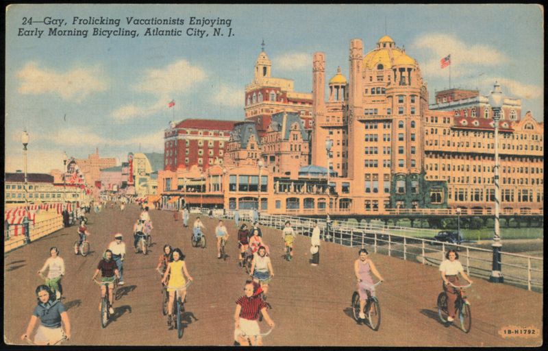 Gay, Frolicking Vacationists Early Morning Bicycling Atlantic City New Jersey