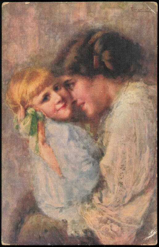 Mother Embracing Young Blonde Child with Green Hair Bow