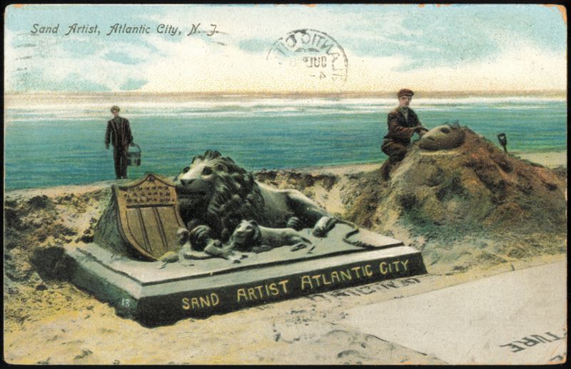 Sand Artist Sculpting Lion and Shield on the Beach Atlantic City New Jersey