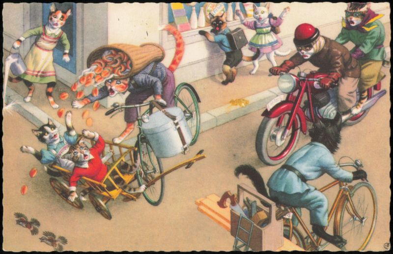 Mainzer Cats Street Scene Chaos with Bicycle and Motorcycle
