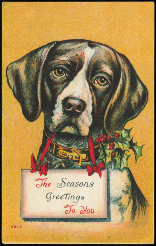Dog with Seasons Greetings Sign and Holly Illustration