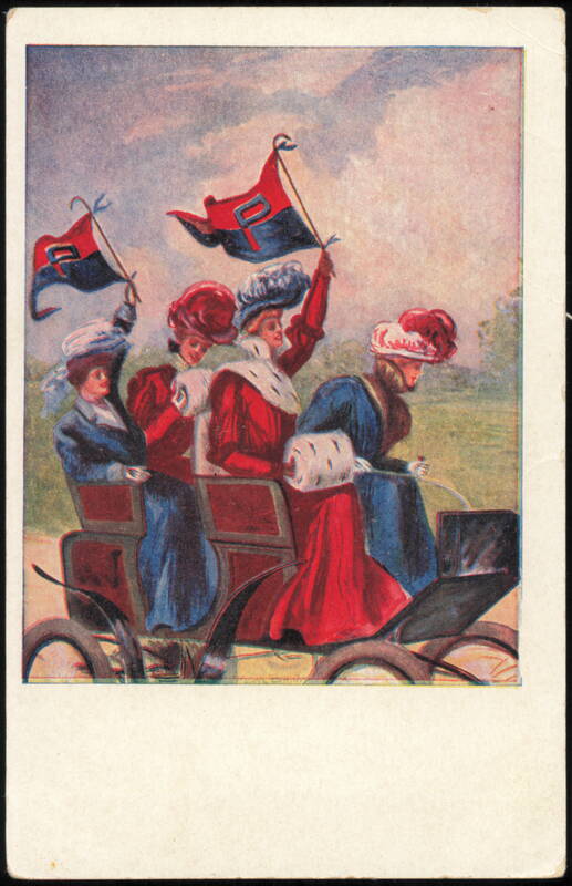 Women in Early Automobile Waving Red and Blue P Flags