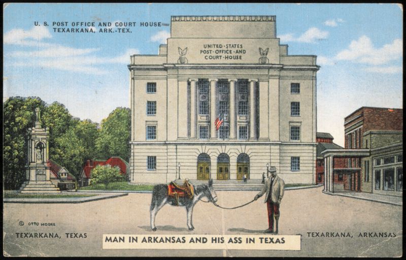 Man in Arkansas and His Ass in Texas, U.S. Post Office Texarkana